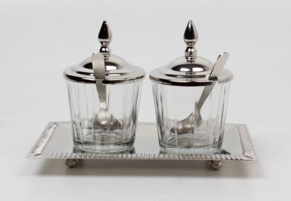 Geleedosen auf Tablett | Edelstahl vernickelt, Glas |