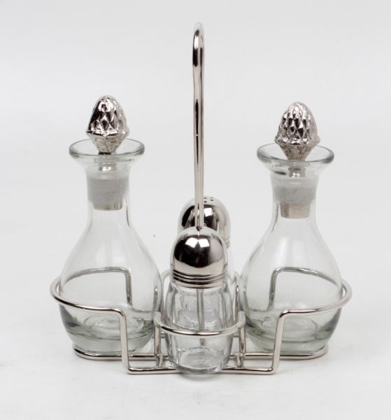 Menage Set, Essig, Öl, Salz & Pfeffer | Edelstahl vernickelt , Glas |