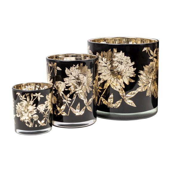 Windlicht 15 x 15 Blume | Glas schwarz/gold |