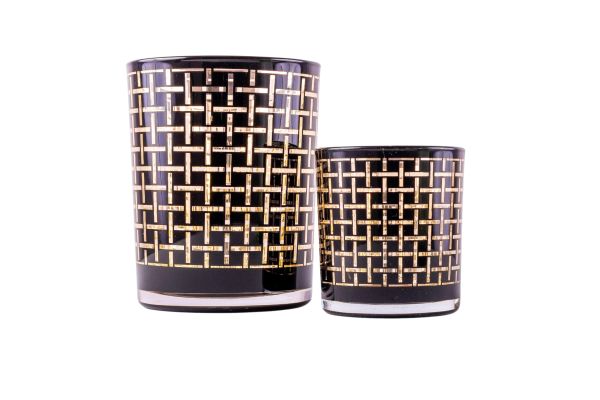 Windlicht 7,3 x 8 Karo | Glas schwarz/gold |