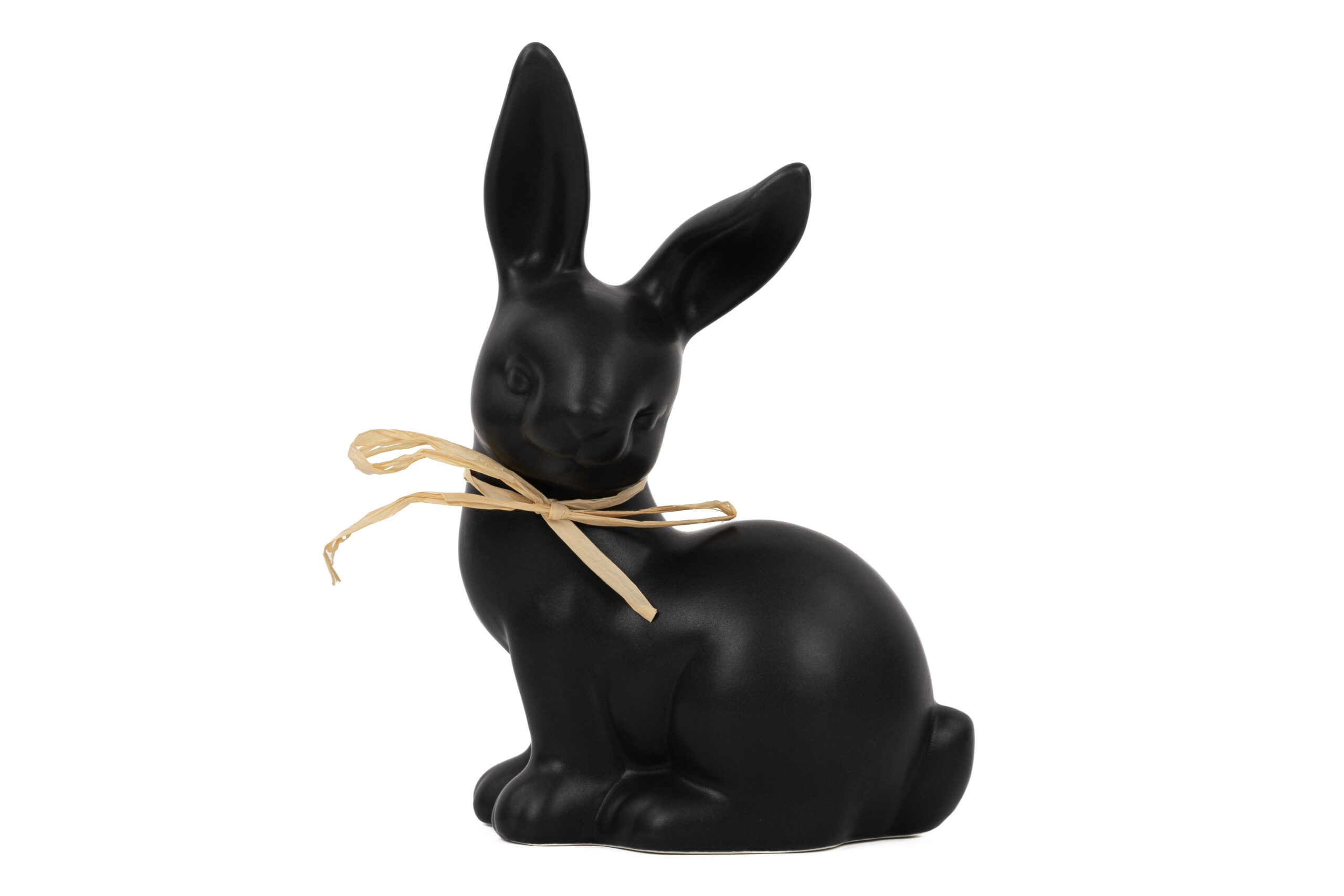 Hase sitzend schwarz matt | Porzellan mit Schleife S |